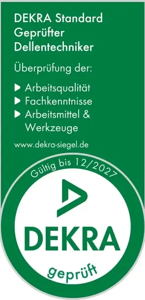 Das offizielle grüne, Siegel DEKRA Standard Geprüfter Dellentechniker für den Fachbetrieb Be Smart in Stuttgart.